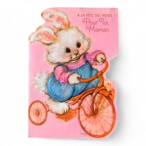 Unused Vintage Hallmark French Mother's Day Card Bunny Rabbit on Tricycle